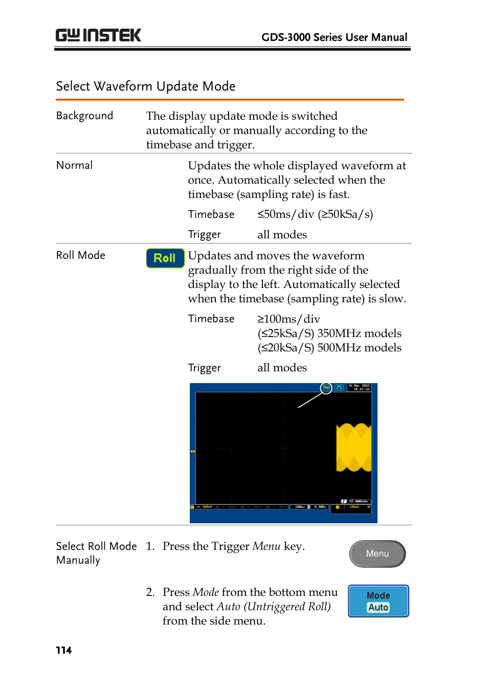Select waveform update mode | GW Instek GDS-3000 Series User Manual User Manual | Page 114 / 209