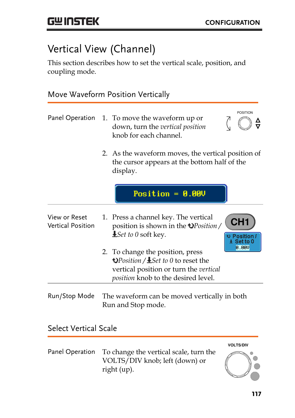 Vertical view (channel), Move waveform position vertically, Select vertical scale | GW Instek GDS-3000 Series User Manual User Manual | Page 117 / 209