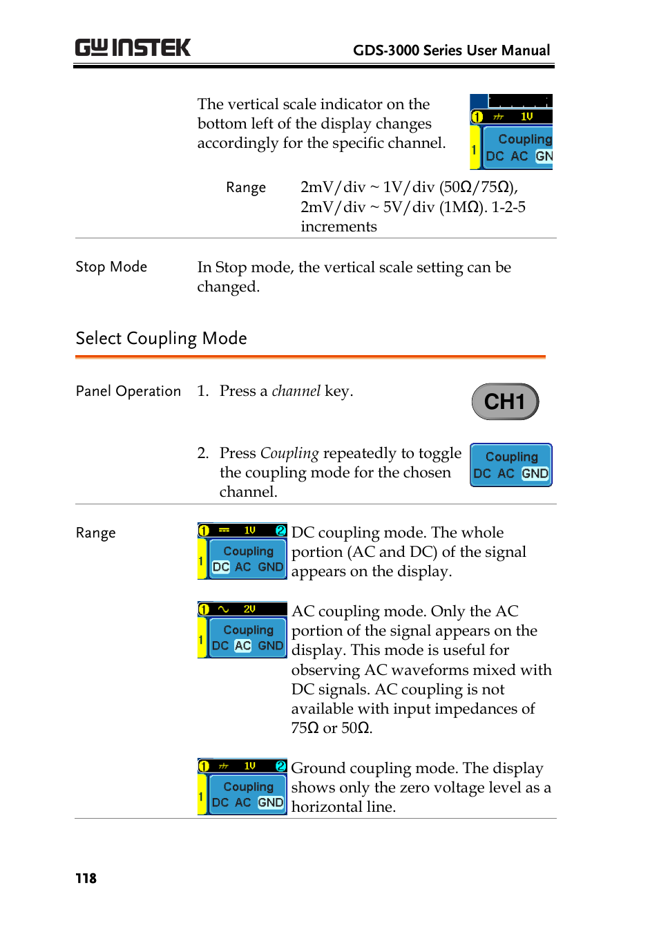 Select coupling mode | GW Instek GDS-3000 Series User Manual User Manual | Page 118 / 209