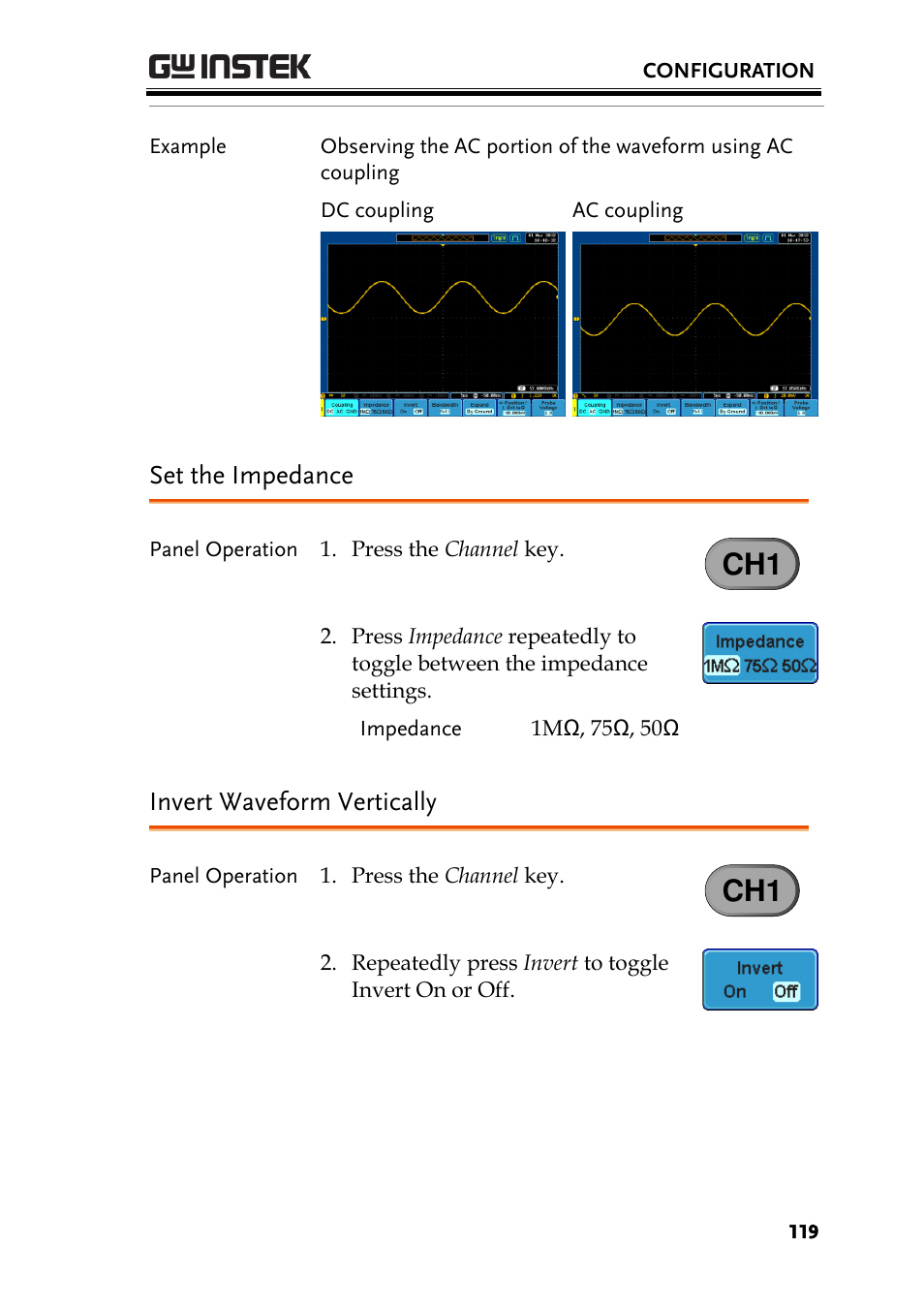 Set the impedance, Invert waveform vertically | GW Instek GDS-3000 Series User Manual User Manual | Page 119 / 209