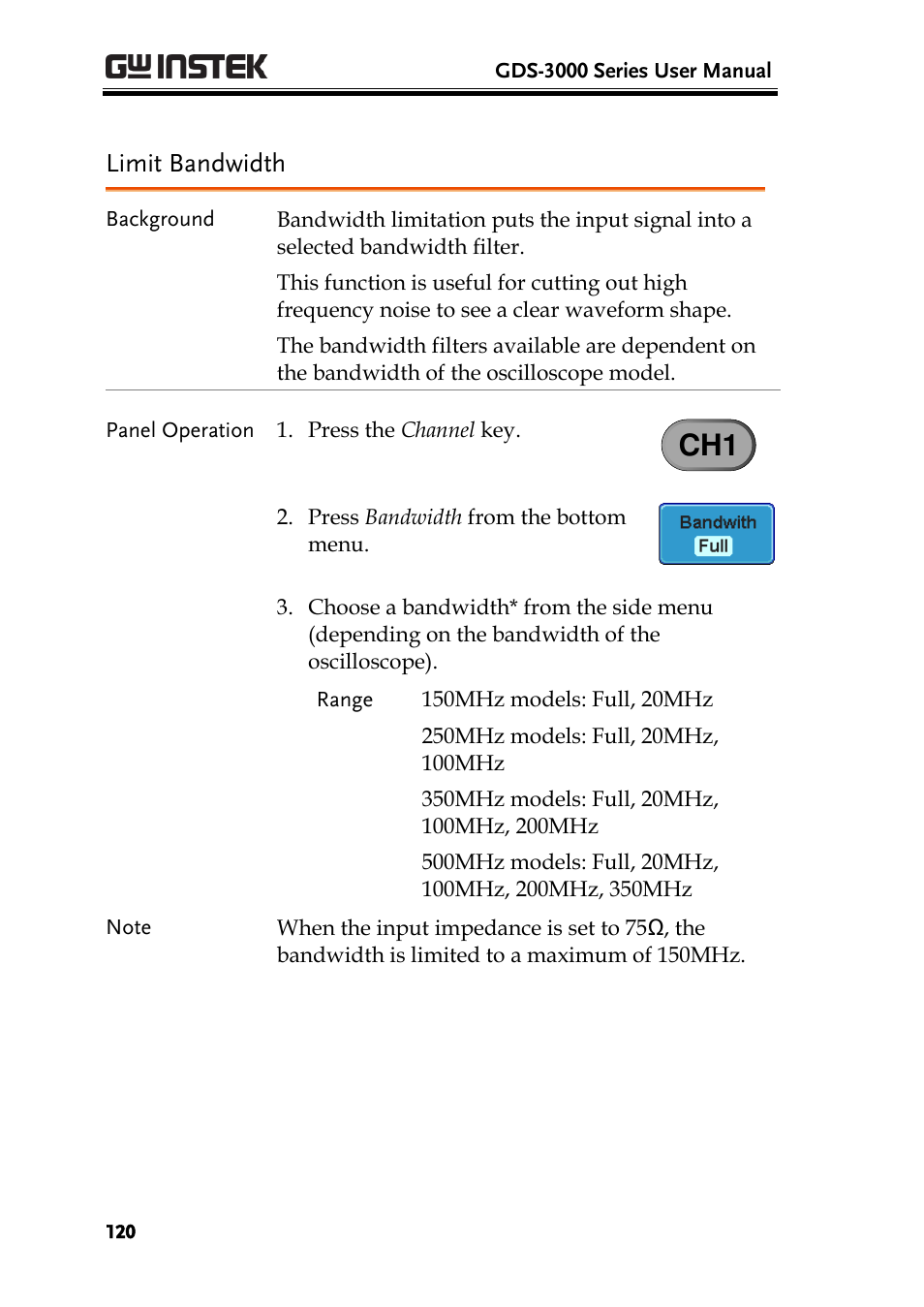 Limit bandwidth | GW Instek GDS-3000 Series User Manual User Manual | Page 120 / 209