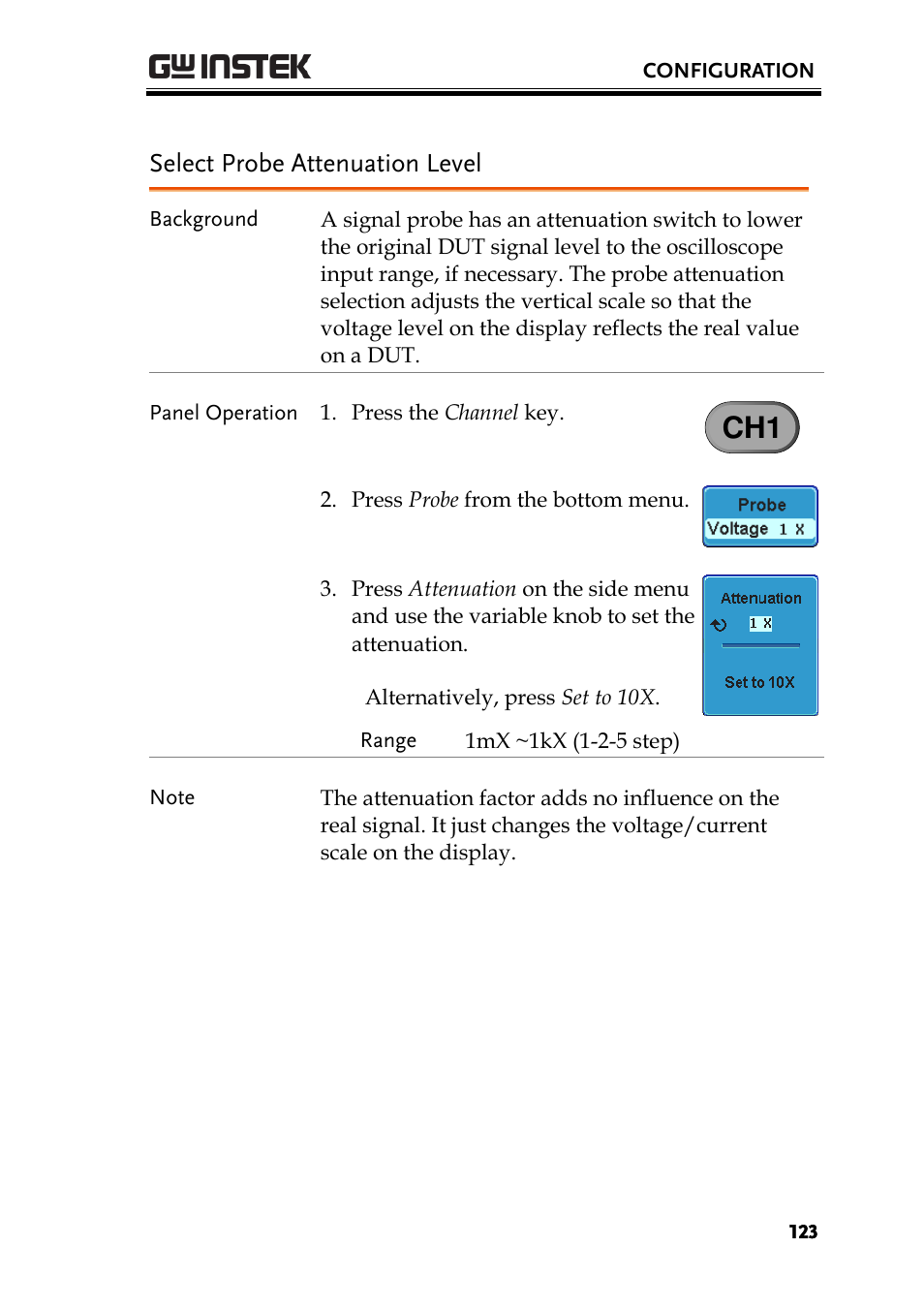 Select probe attenuation level | GW Instek GDS-3000 Series User Manual User Manual | Page 123 / 209
