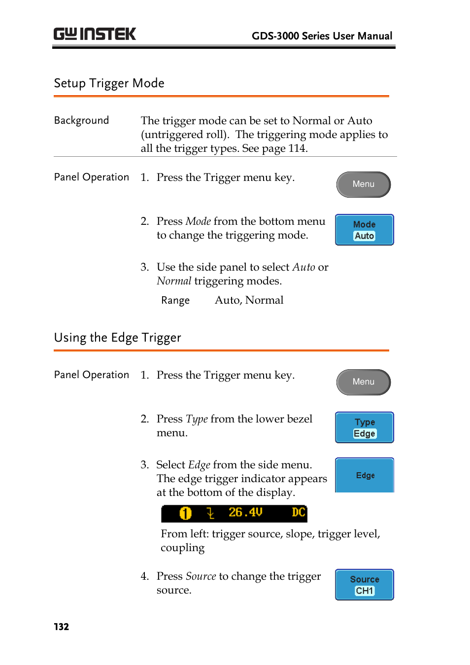 Setup trigger mode, Using the edge trigger | GW Instek GDS-3000 Series User Manual User Manual | Page 132 / 209