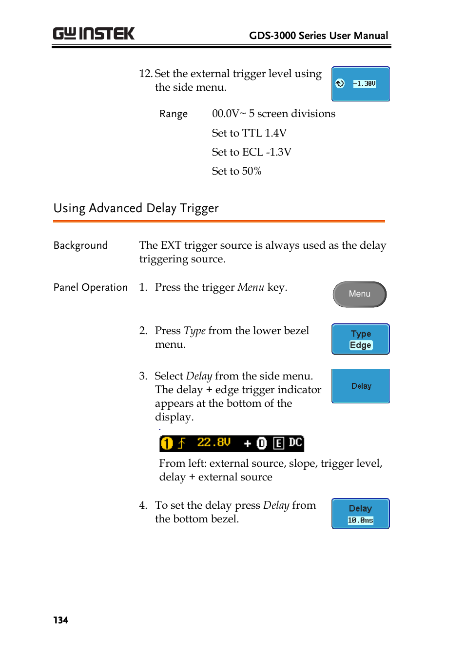 Using advanced delay trigger | GW Instek GDS-3000 Series User Manual User Manual | Page 134 / 209