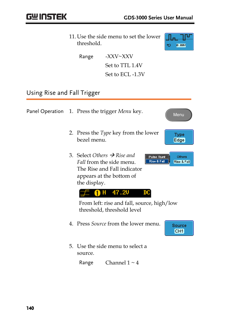 Using rise and fall trigger | GW Instek GDS-3000 Series User Manual User Manual | Page 140 / 209