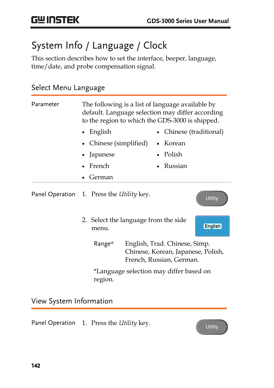 System info / language / clock, Select menu language, View system information | GW Instek GDS-3000 Series User Manual User Manual | Page 142 / 209