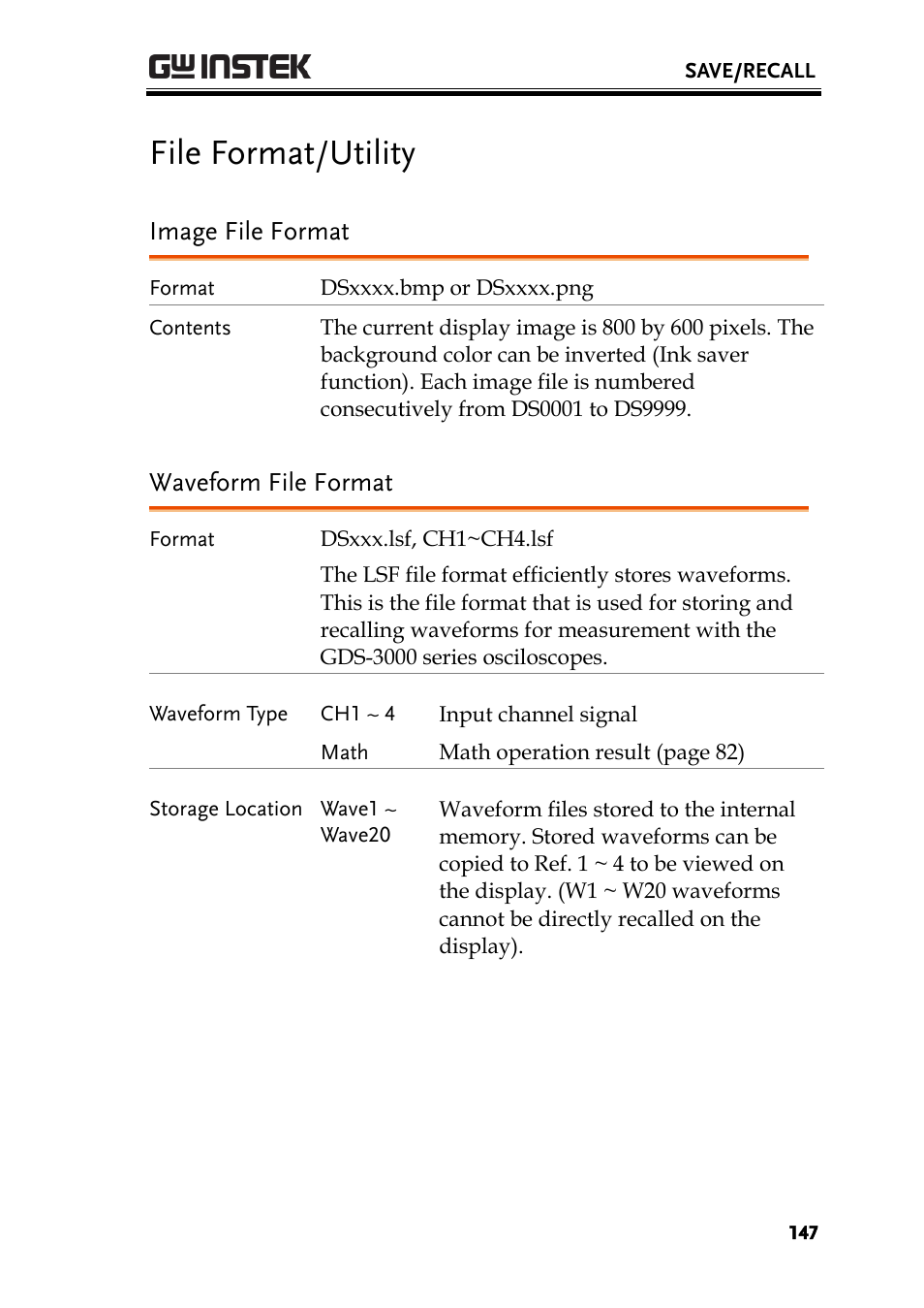 File format/utility, Image file format, Waveform file format | GW Instek GDS-3000 Series User Manual User Manual | Page 147 / 209