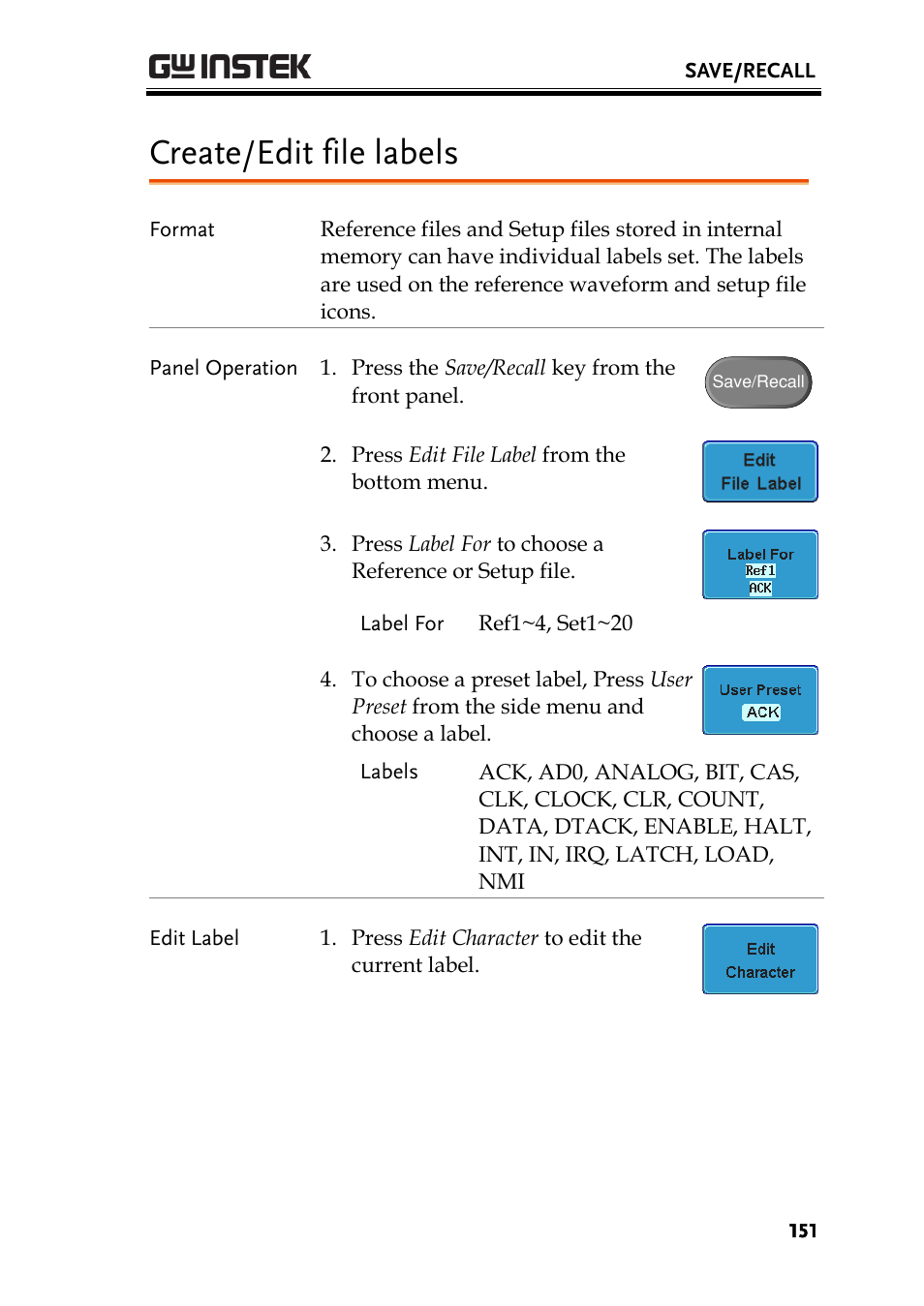 Create/edit file labels | GW Instek GDS-3000 Series User Manual User Manual | Page 151 / 209