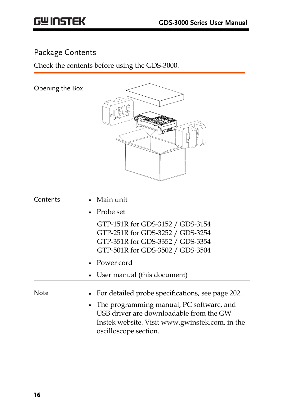 Package contents | GW Instek GDS-3000 Series User Manual User Manual | Page 16 / 209