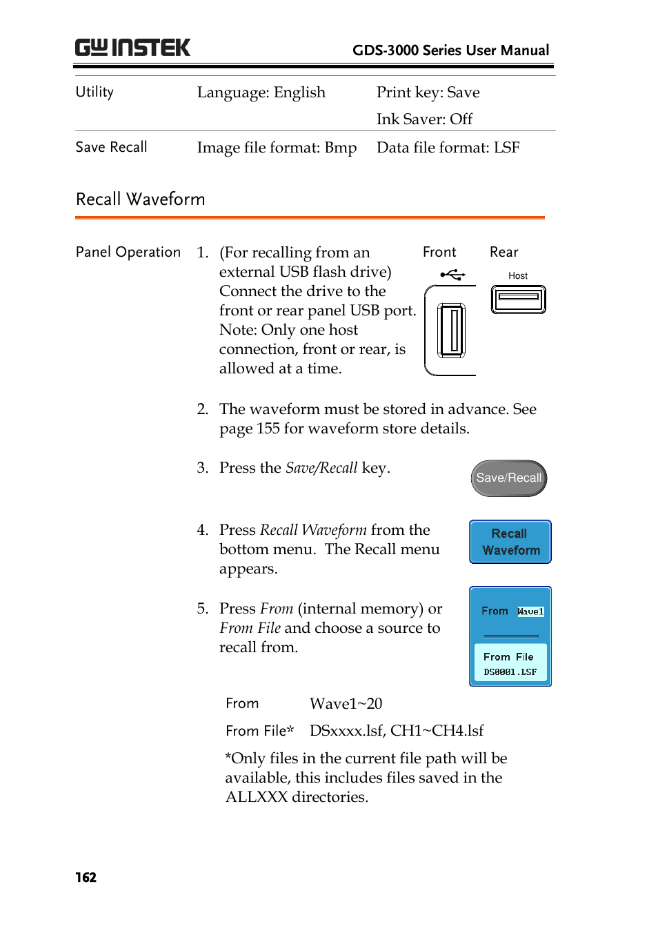 Recall waveform | GW Instek GDS-3000 Series User Manual User Manual | Page 162 / 209