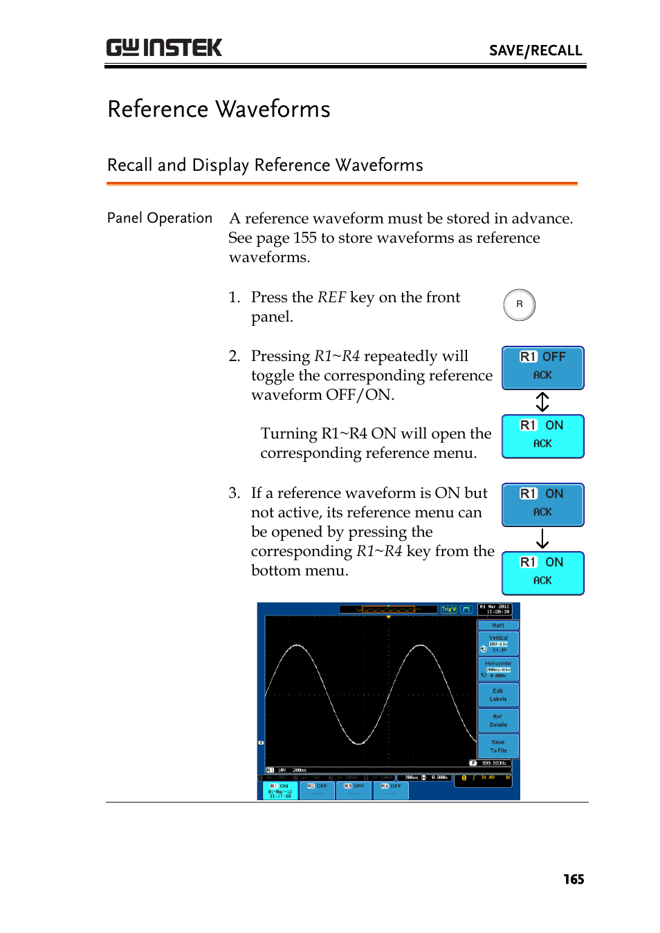 Reference waveforms, Recall and display reference waveforms | GW Instek GDS-3000 Series User Manual User Manual | Page 165 / 209