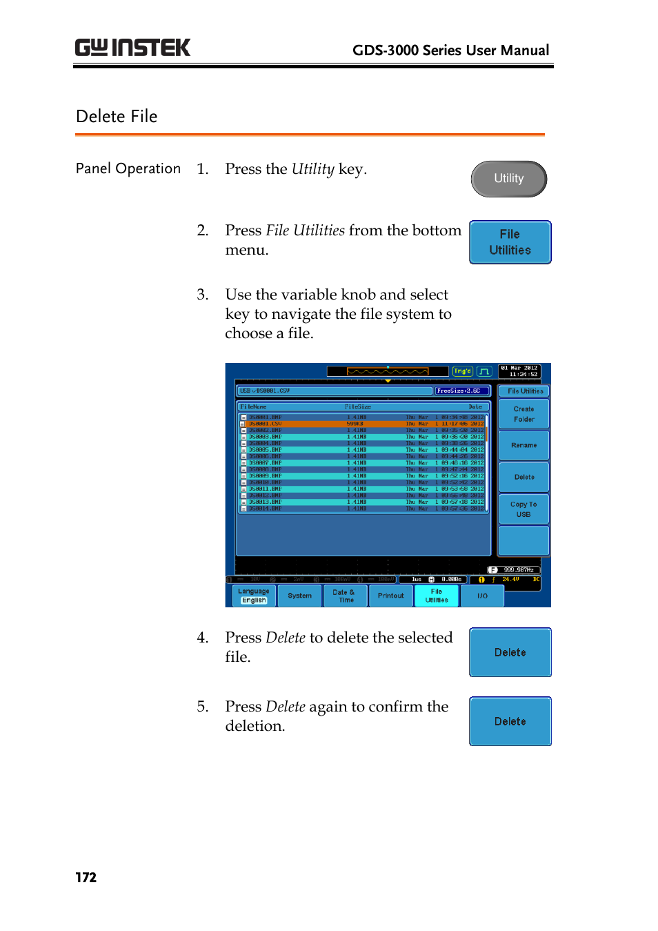 Delete file | GW Instek GDS-3000 Series User Manual User Manual | Page 172 / 209