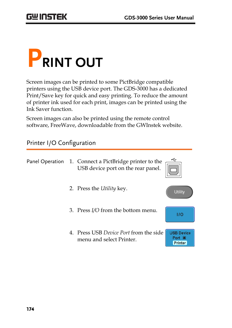 Print out, Printer i/o configuration, Out 174 | Rint out | GW Instek GDS-3000 Series User Manual User Manual | Page 174 / 209