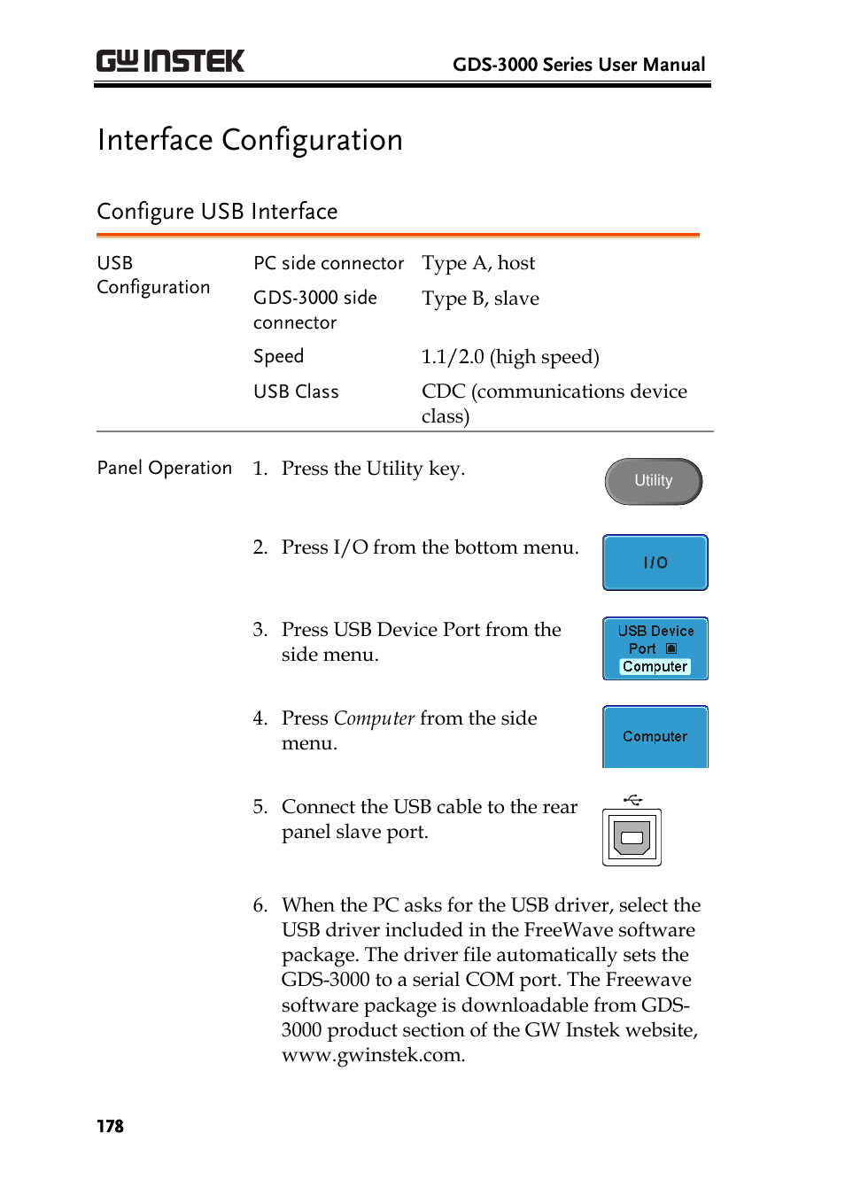 Interface configuration, Configure usb interface | GW Instek GDS-3000 Series User Manual User Manual | Page 178 / 209