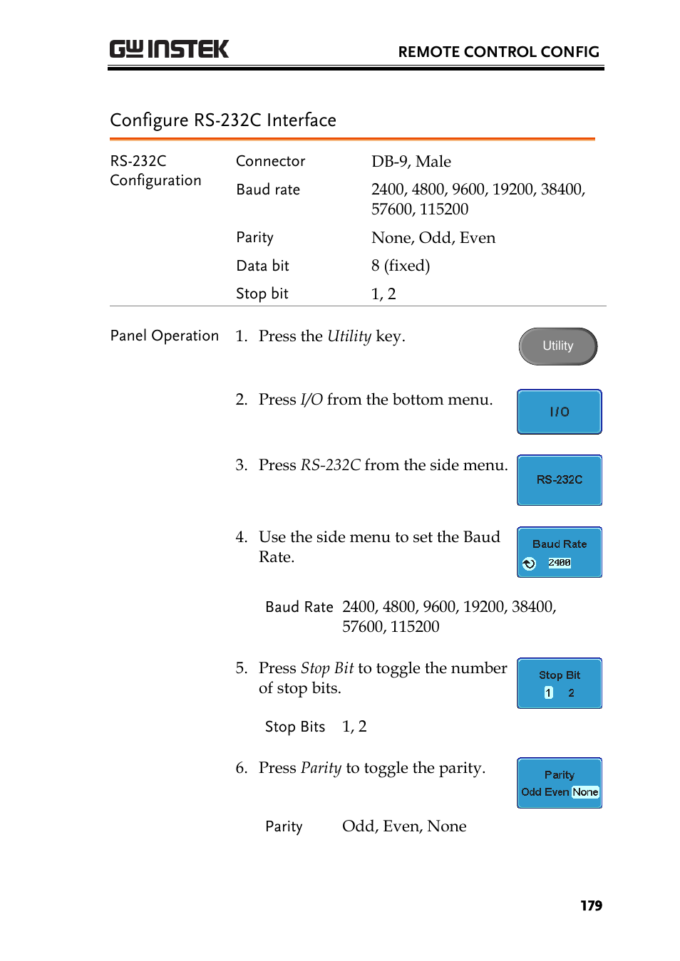 Configure rs-232c interface | GW Instek GDS-3000 Series User Manual User Manual | Page 179 / 209