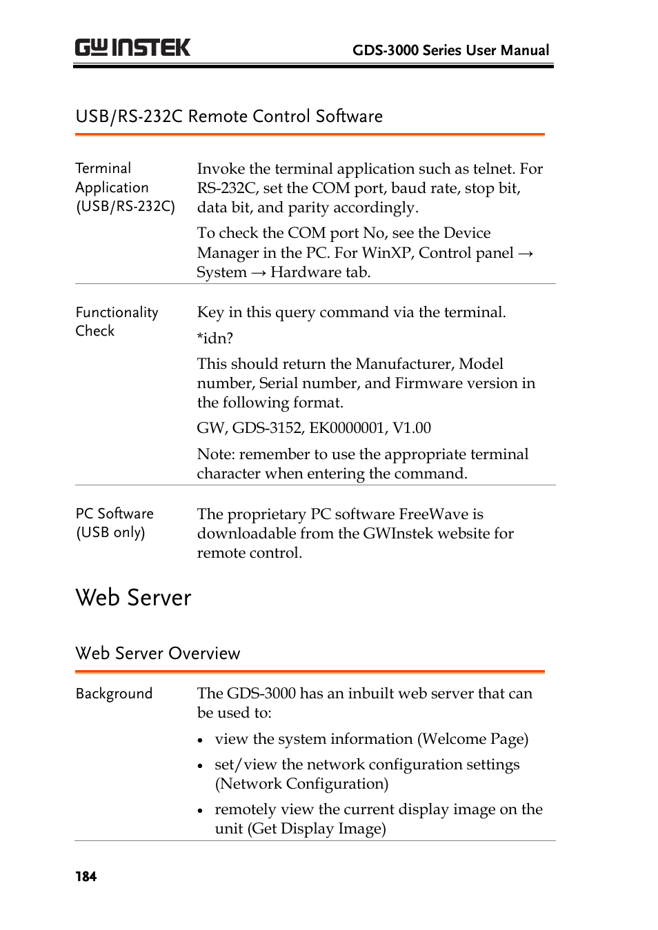 Usb/rs-232c remote control software, Web server, Web server overview | GW Instek GDS-3000 Series User Manual User Manual | Page 184 / 209