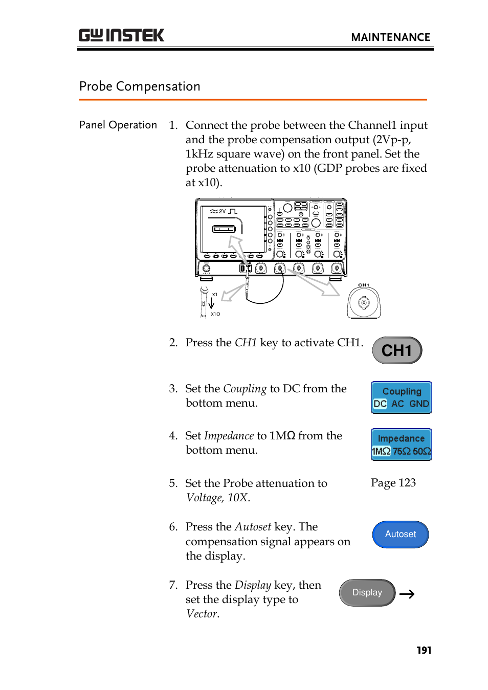 Probe compensation, Maintenance, Press the ch1 key to activate ch1 | GW Instek GDS-3000 Series User Manual User Manual | Page 191 / 209