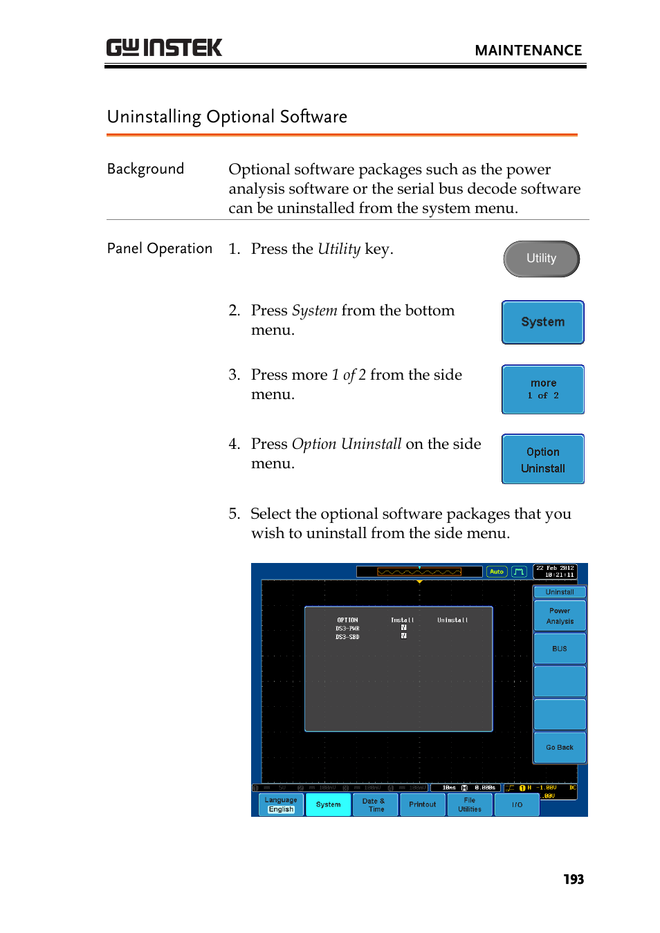 Uninstalling optional software | GW Instek GDS-3000 Series User Manual User Manual | Page 193 / 209