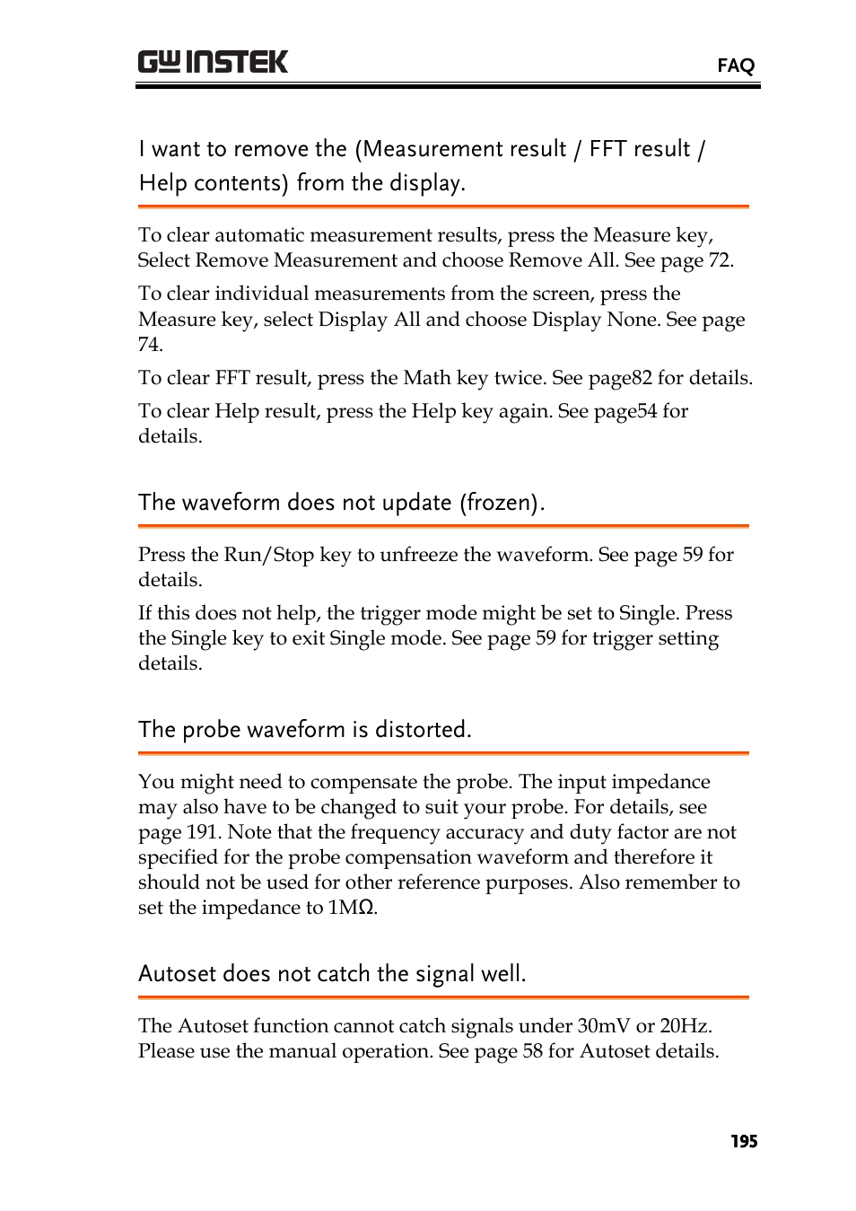 The waveform does not update (frozen), The probe waveform is distorted, Autoset does not catch the signal well | GW Instek GDS-3000 Series User Manual User Manual | Page 195 / 209