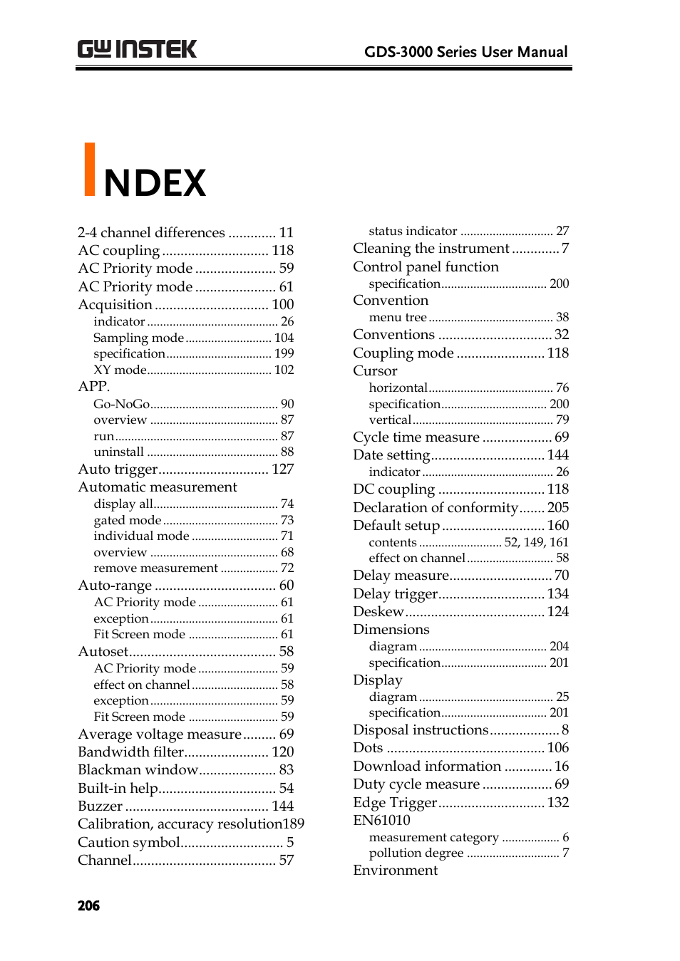 Index, Ndex | GW Instek GDS-3000 Series User Manual User Manual | Page 206 / 209