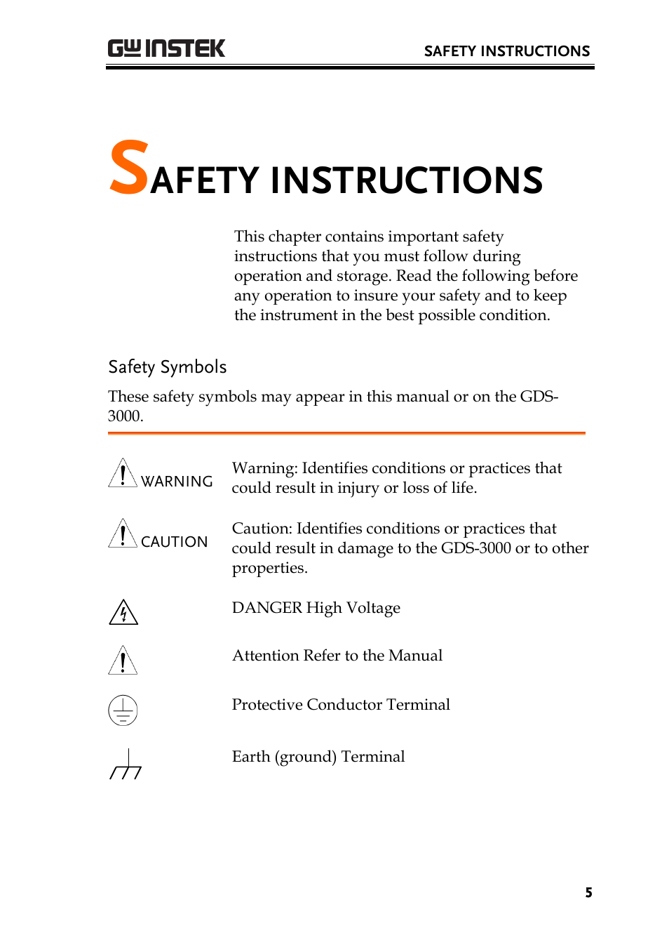 Safety instructions, Safety symbols, Afety instructions | GW Instek GDS-3000 Series User Manual User Manual | Page 5 / 209