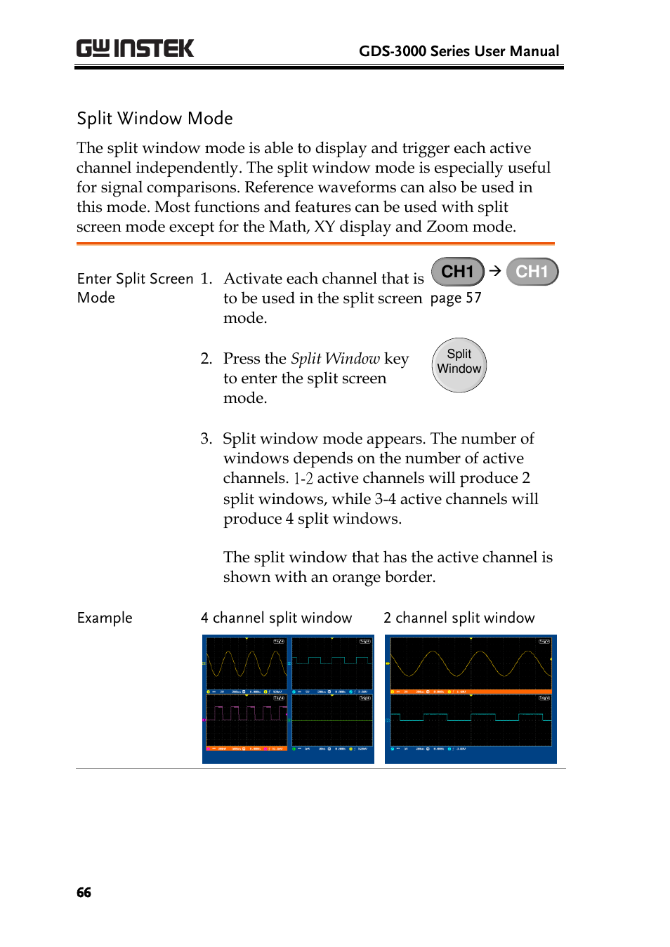 Split window mode | GW Instek GDS-3000 Series User Manual User Manual | Page 66 / 209