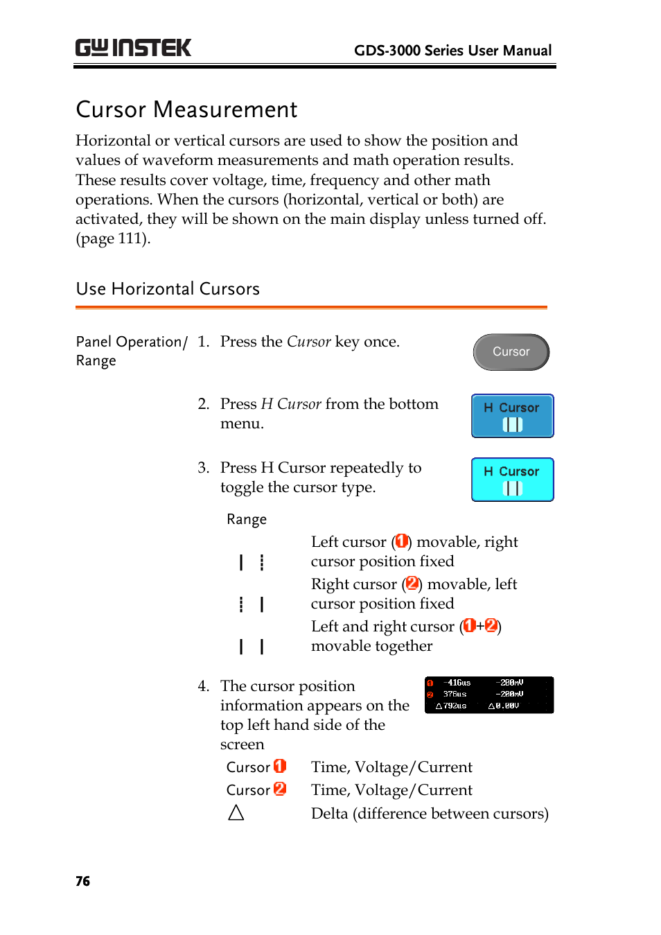 Cursor measurement, Use horizontal cursors | GW Instek GDS-3000 Series User Manual User Manual | Page 76 / 209
