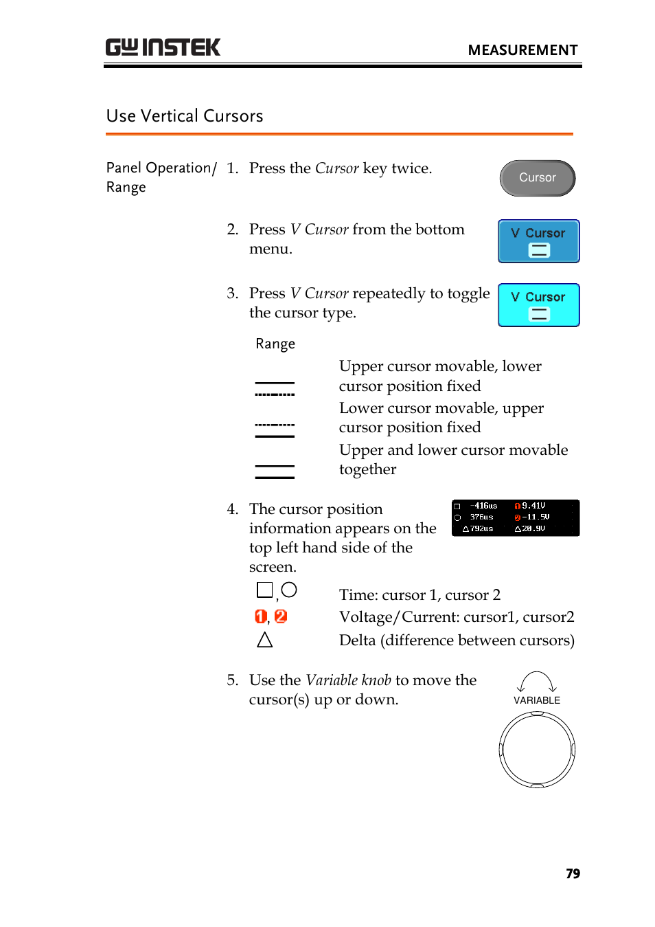 Use vertical cursors | GW Instek GDS-3000 Series User Manual User Manual | Page 79 / 209