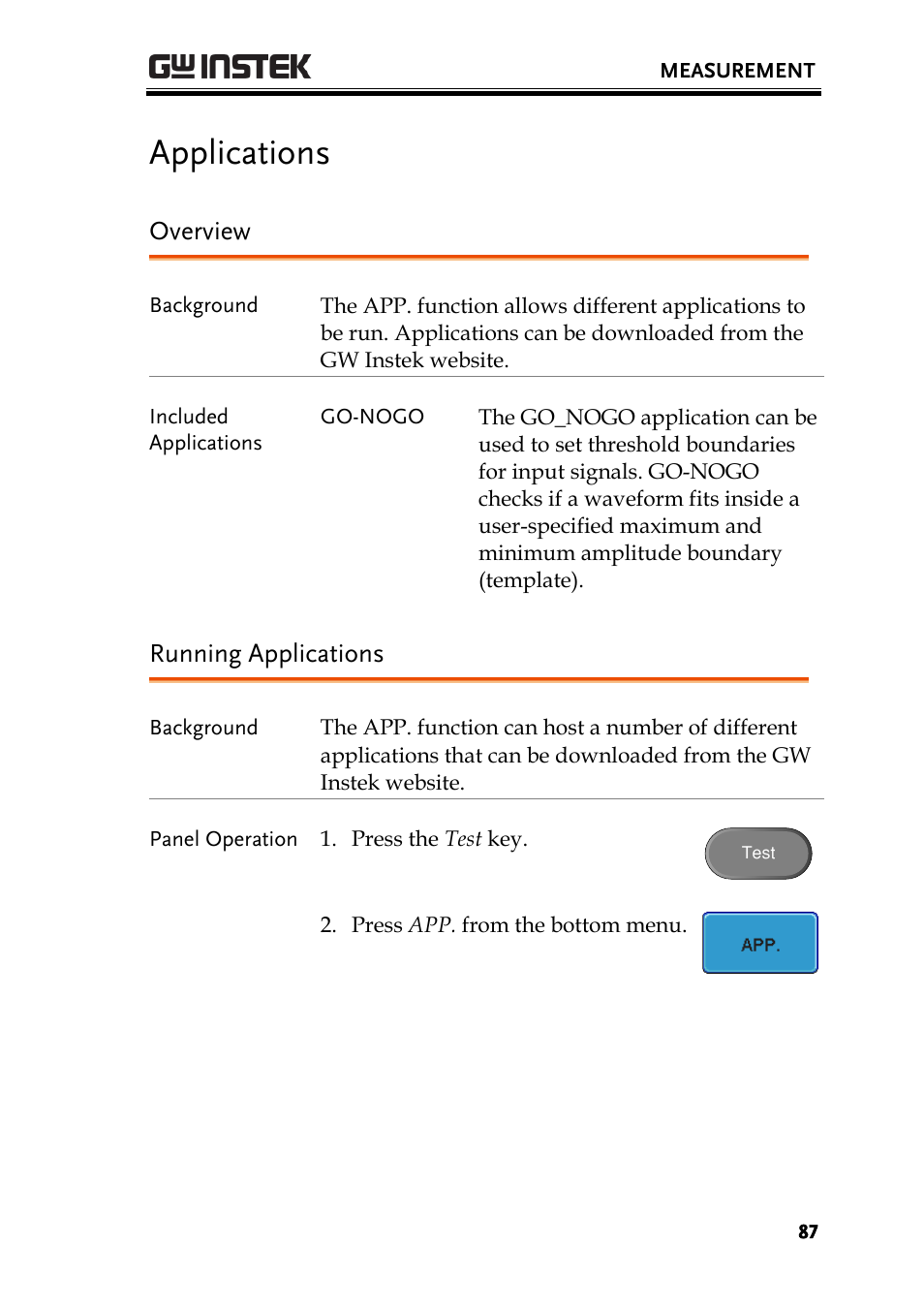 Applications, Overview, Running applications | GW Instek GDS-3000 Series User Manual User Manual | Page 87 / 209
