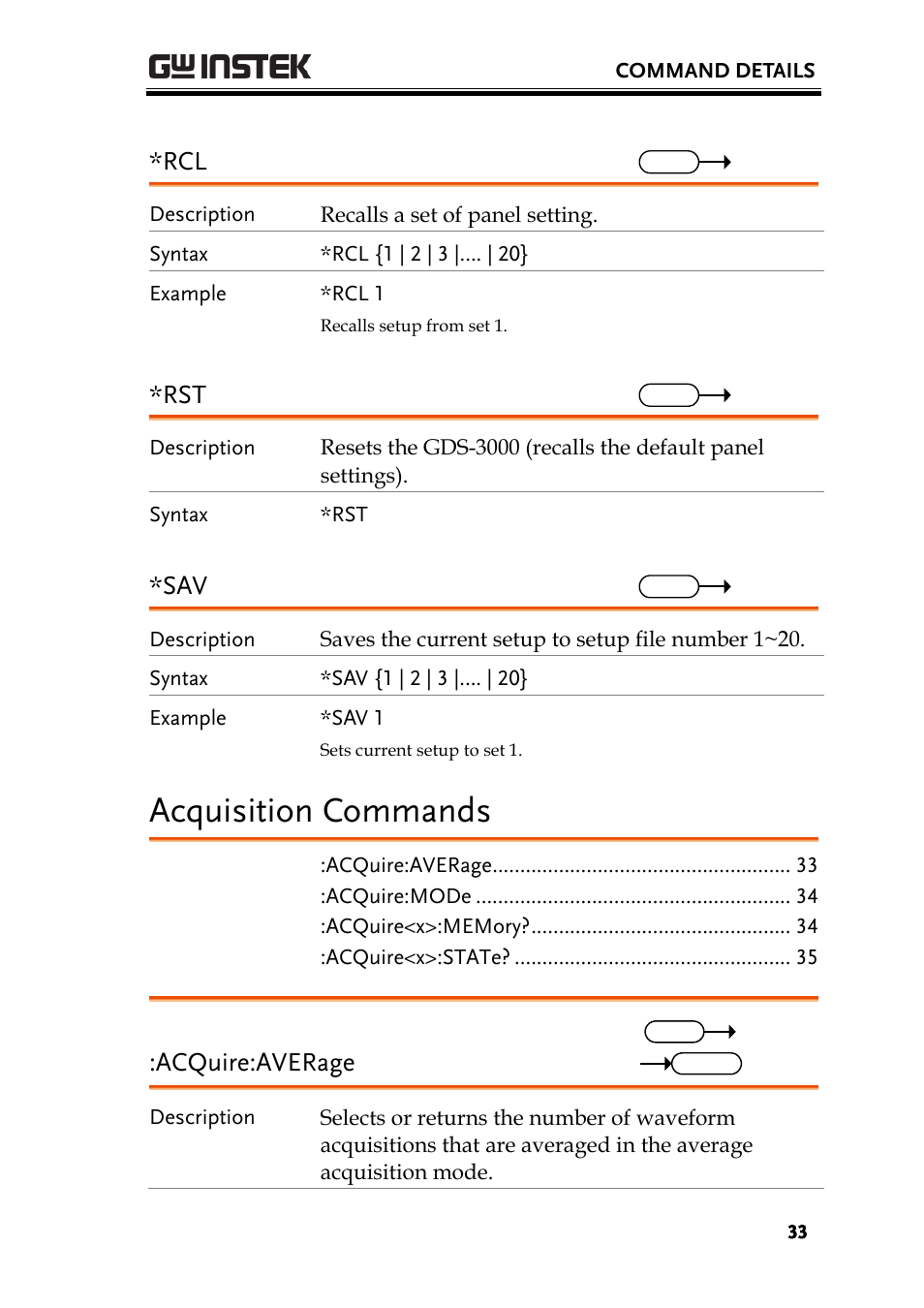 Acquisition commands, Acquire:average | GW Instek GDS-3000 Series Programming Manual User Manual | Page 33 / 103