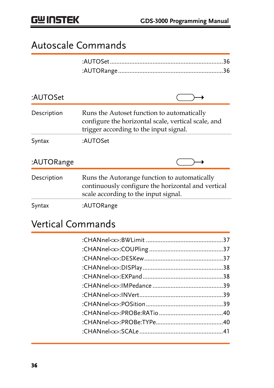 Autoscale commands, Vertical commands, Autoset | Autorange | GW Instek GDS-3000 Series Programming Manual User Manual | Page 36 / 103