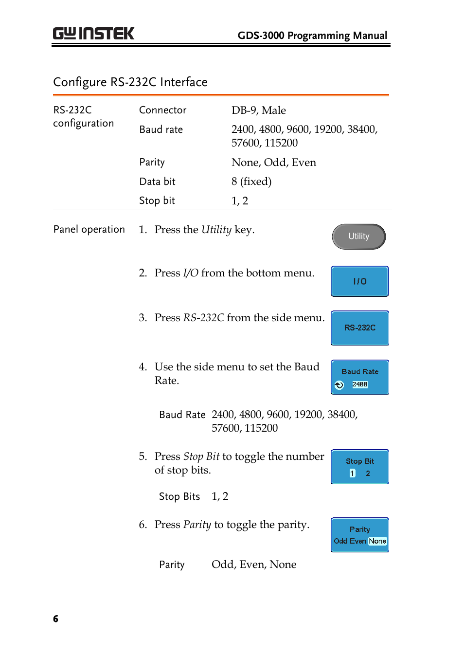 Configure rs-232c interface | GW Instek GDS-3000 Series Programming Manual User Manual | Page 6 / 103