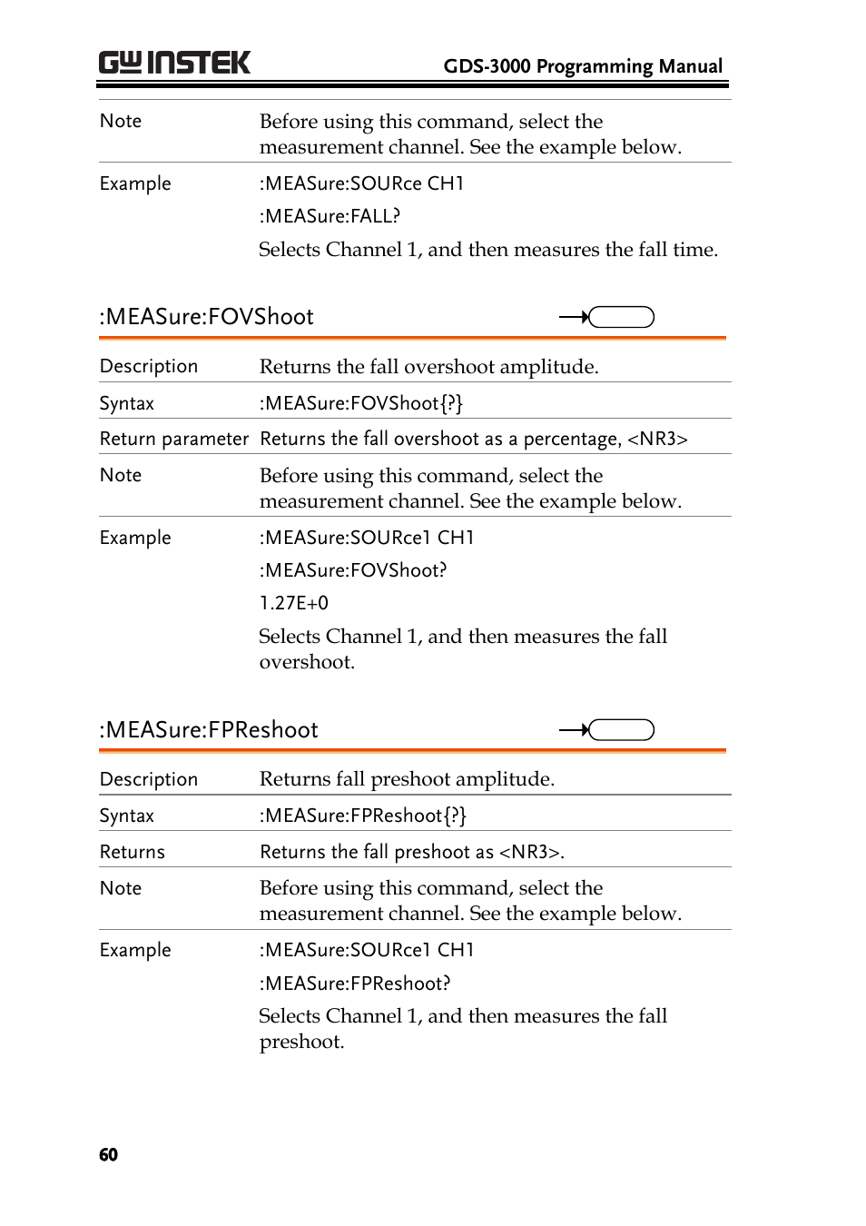 Measure:fovshoot, Measure:fpreshoot | GW Instek GDS-3000 Series Programming Manual User Manual | Page 60 / 103