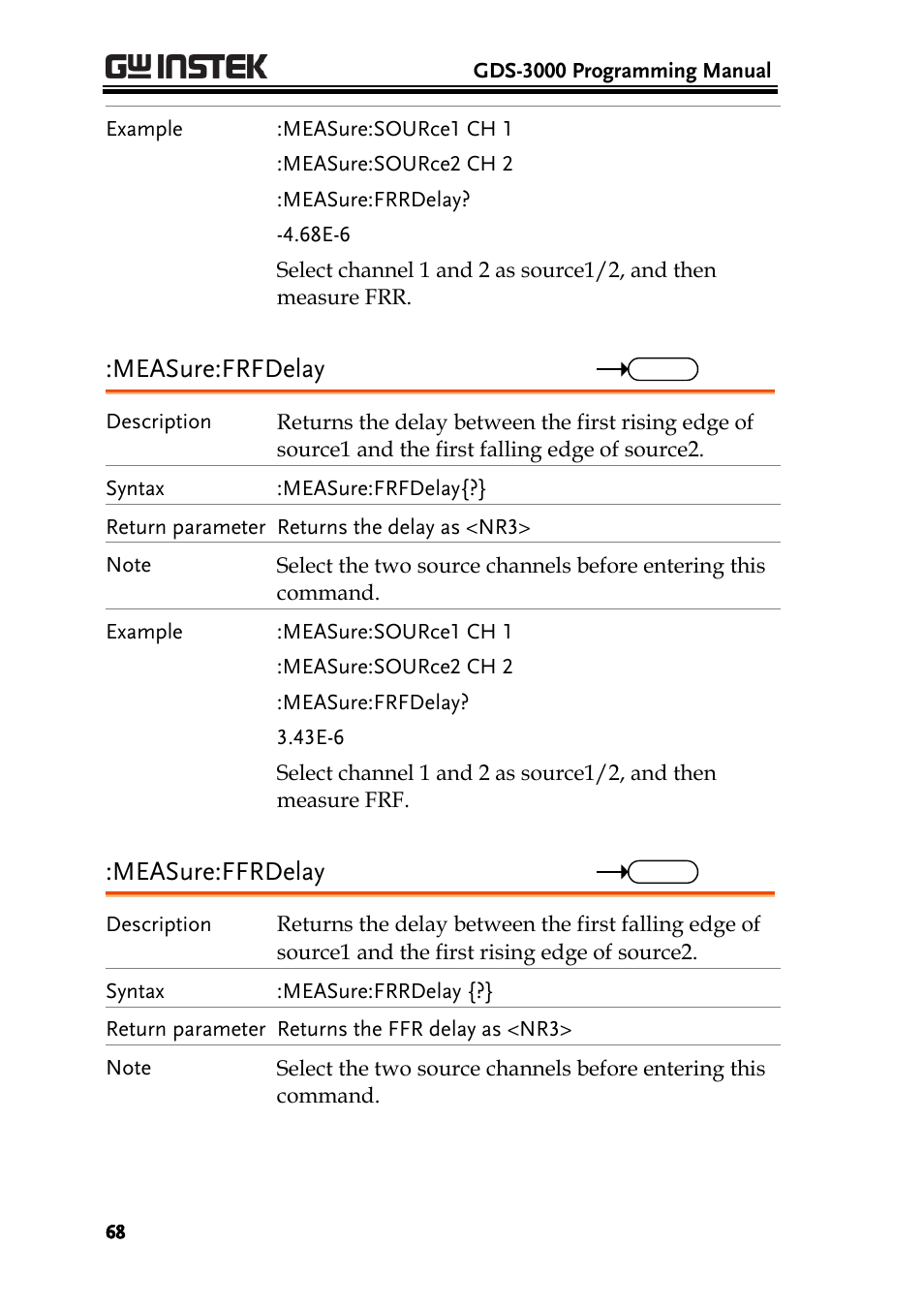 Measure:frfdelay, Measure:ffrdelay | GW Instek GDS-3000 Series Programming Manual User Manual | Page 68 / 103