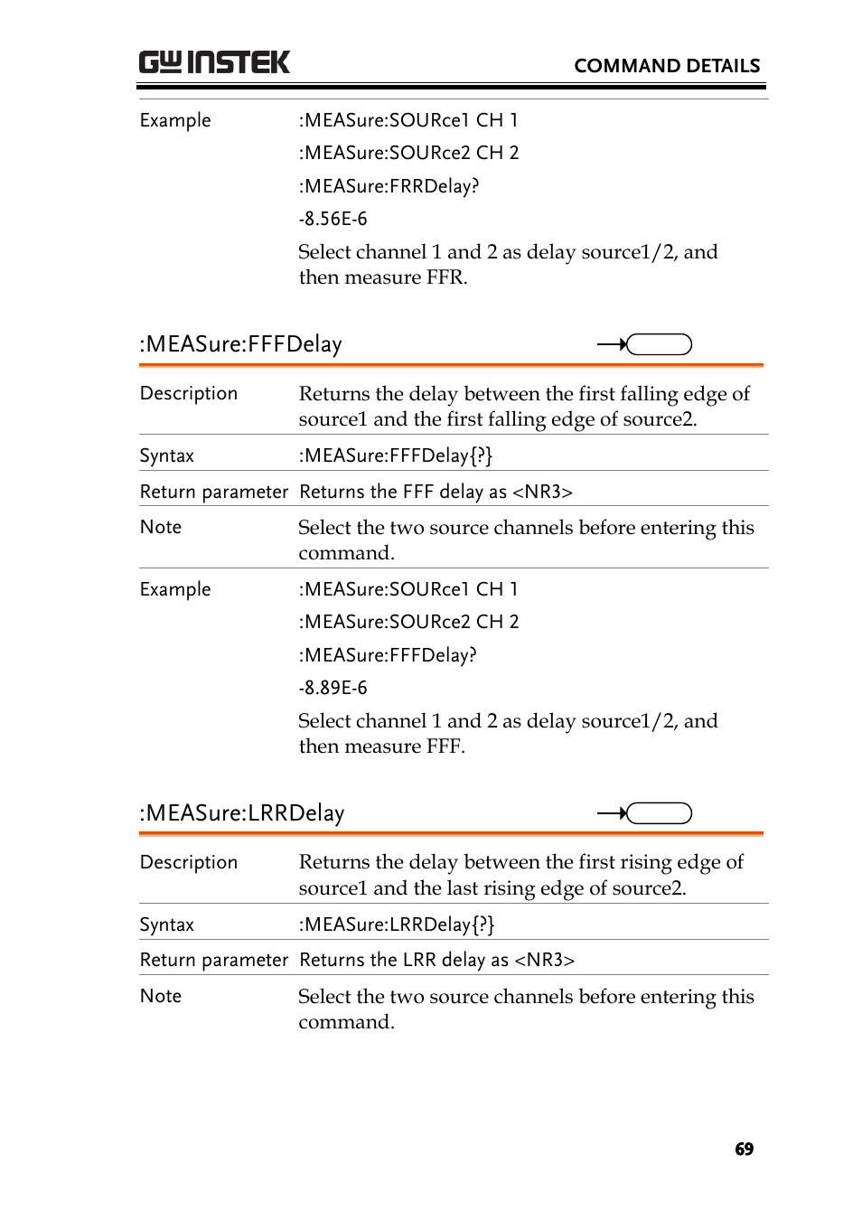 Measure:fffdelay, Measure:lrrdelay | GW Instek GDS-3000 Series Programming Manual User Manual | Page 69 / 103