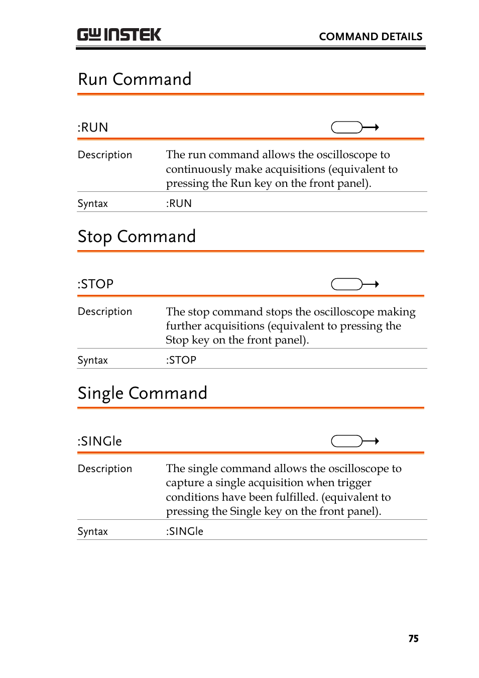 Run command, Stop command, Single command | Stop, Single | GW Instek GDS-3000 Series Programming Manual User Manual | Page 75 / 103