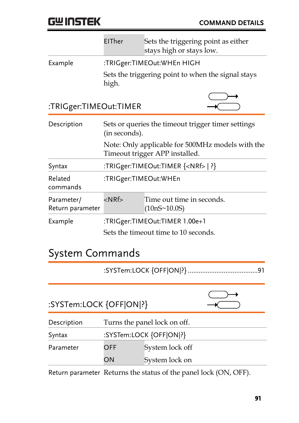 System commands, Trigger:timeout:timer, System:lock {off|on | GW Instek GDS-3000 Series Programming Manual User Manual | Page 91 / 103