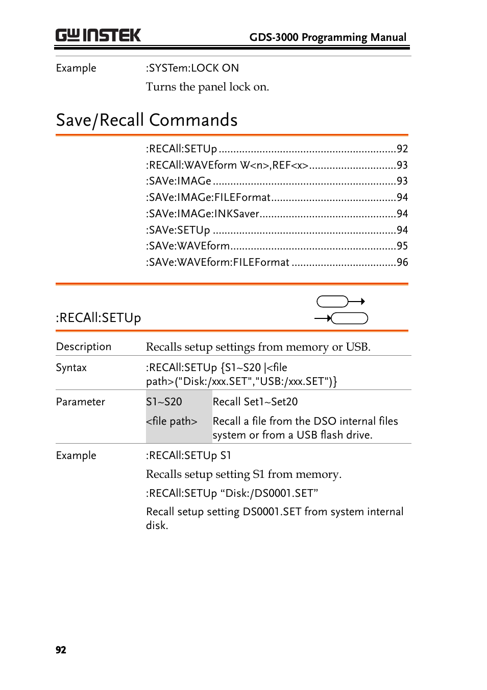 Save/recall commands, Recall:setup | GW Instek GDS-3000 Series Programming Manual User Manual | Page 92 / 103