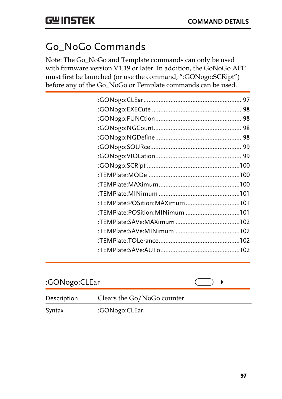 Go_nogo commands, Gonogo:clear | GW Instek GDS-3000 Series Programming Manual User Manual | Page 97 / 103