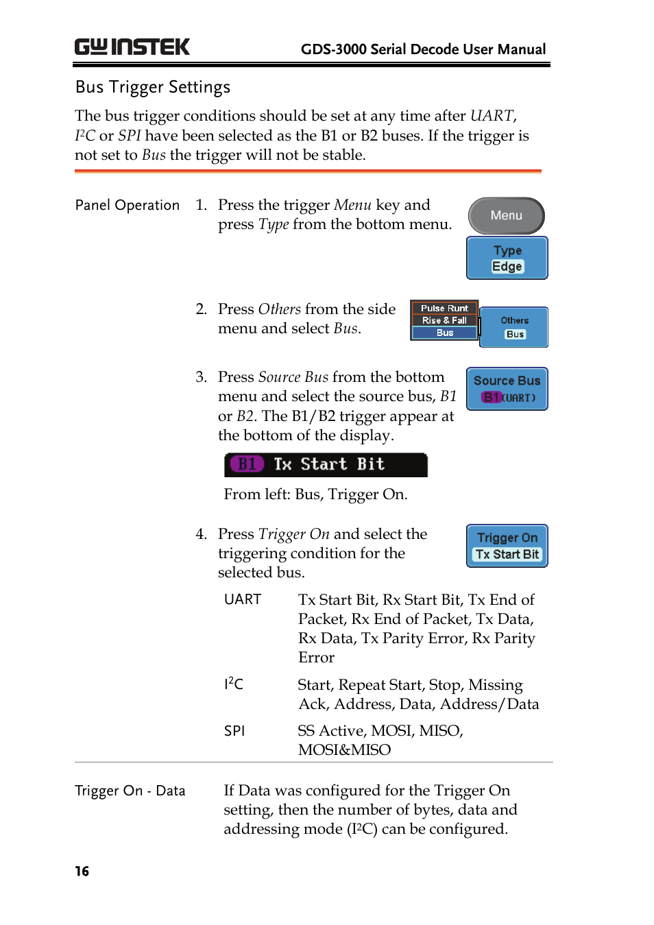 Bus trigger settings | GW Instek GDS-3000 Series DS3-SBD Serial Bus decode User Manual | Page 16 / 29