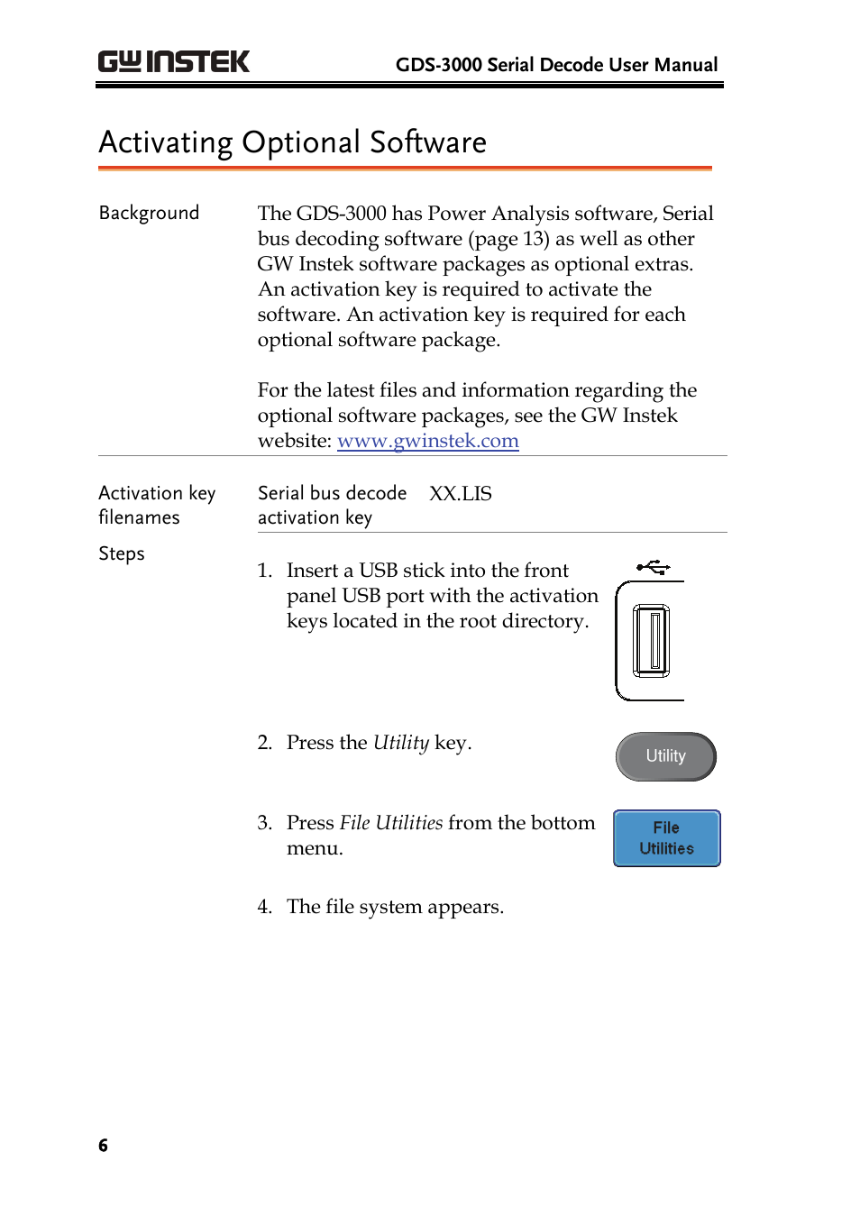Activating optional software | GW Instek GDS-3000 Series DS3-SBD Serial Bus decode User Manual | Page 6 / 29
