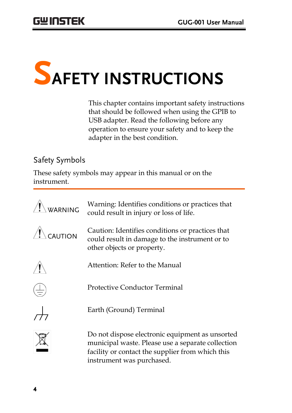 Safety instructions, Safety symbols, Afety instructions | GW Instek GDS-3000 Series GUG-001, GPIB to USB adapter User Manual User Manual | Page 4 / 15