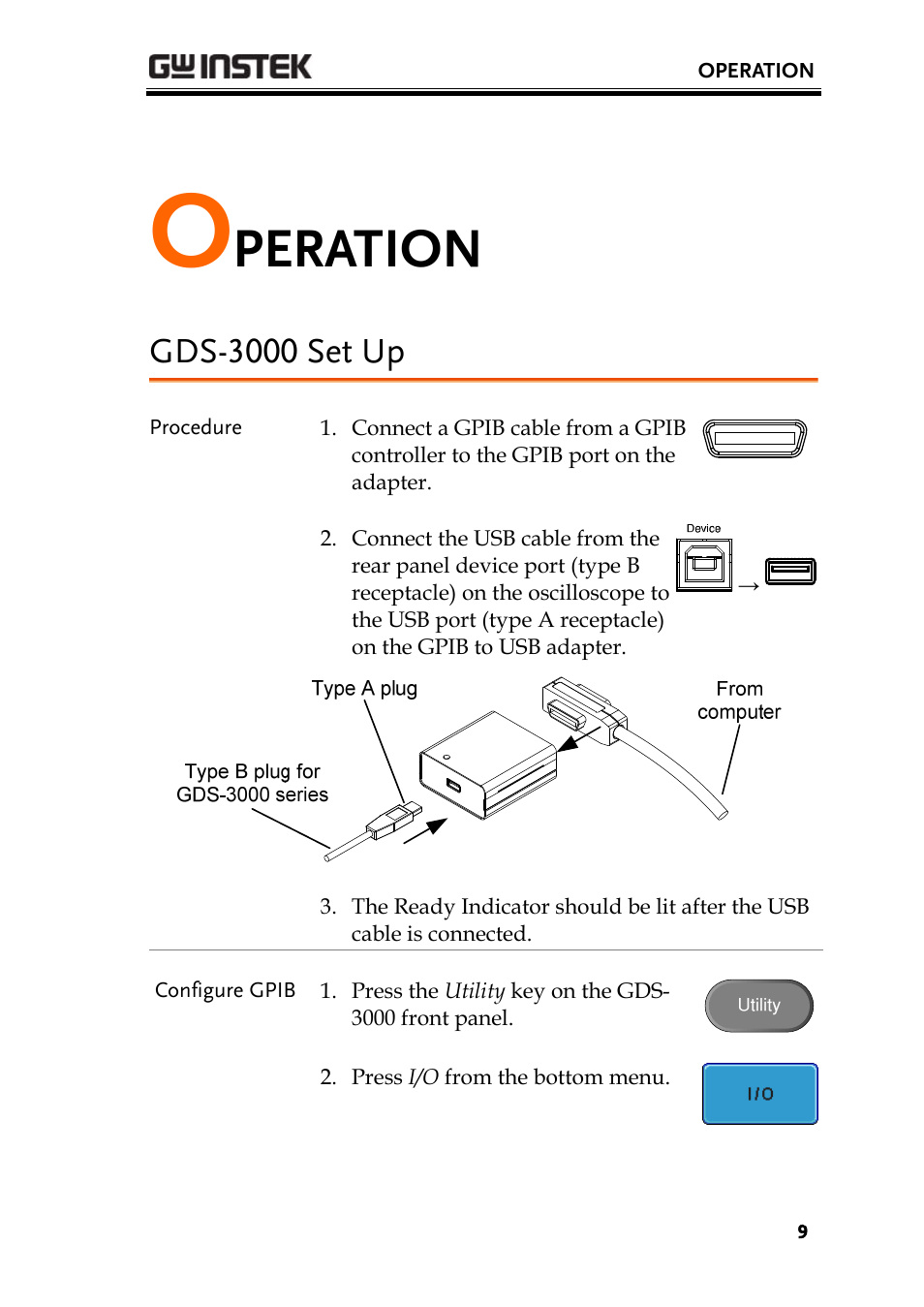 Operation, Gds-3000 set up, Peration | Set up | GW Instek GDS-3000 Series GUG-001, GPIB to USB adapter User Manual User Manual | Page 9 / 15