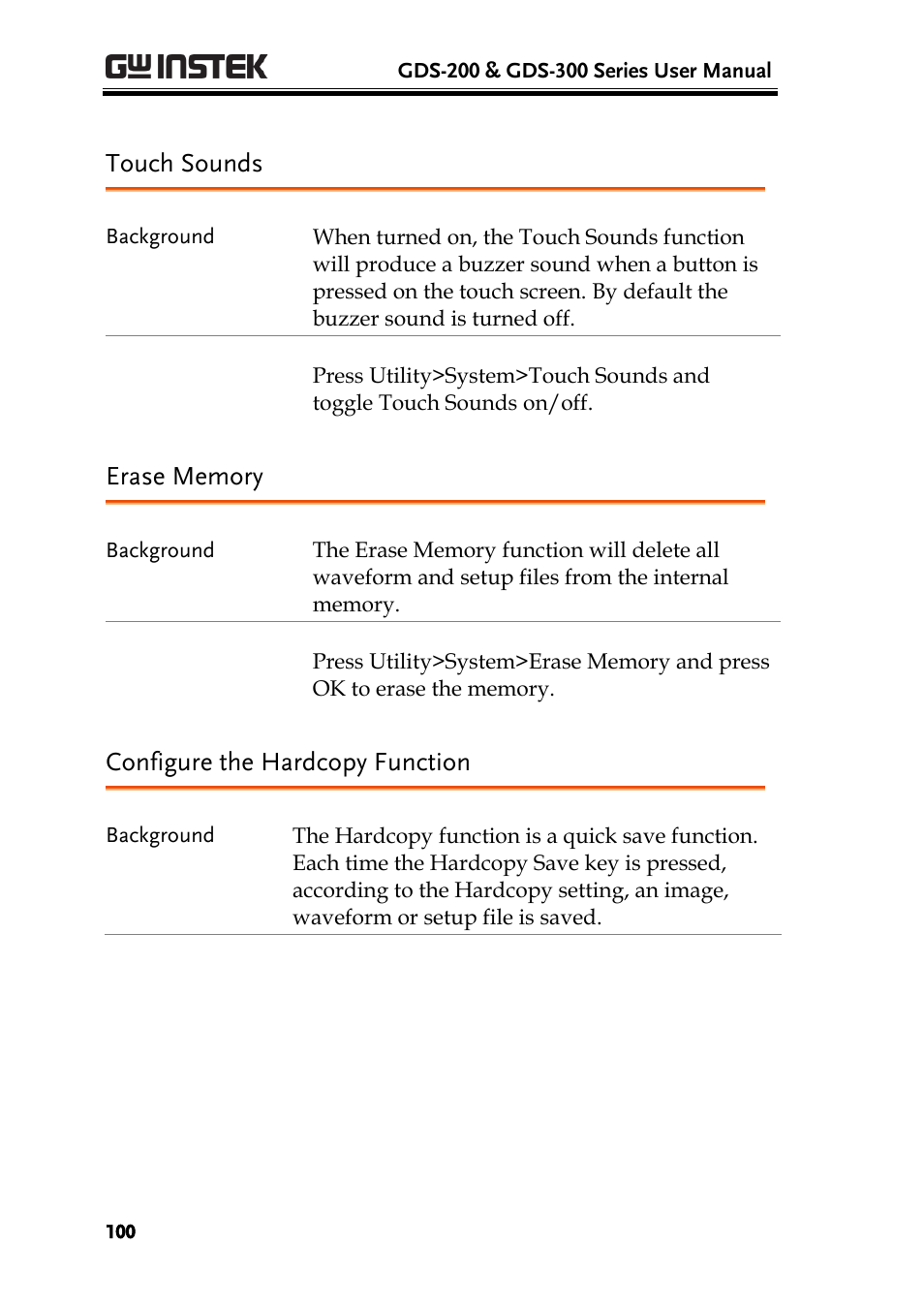 Touch sounds, Erase memory, Configure the hardcopy function | GW Instek GDS-200 Series User Manual User Manual | Page 100 / 188