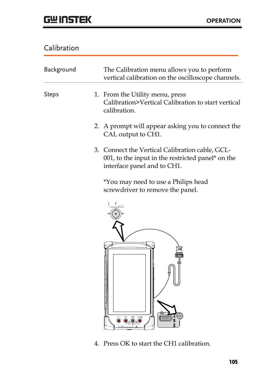 Calibration, Operation, Press ok to start the ch1 calibration | GW Instek GDS-200 Series User Manual User Manual | Page 105 / 188