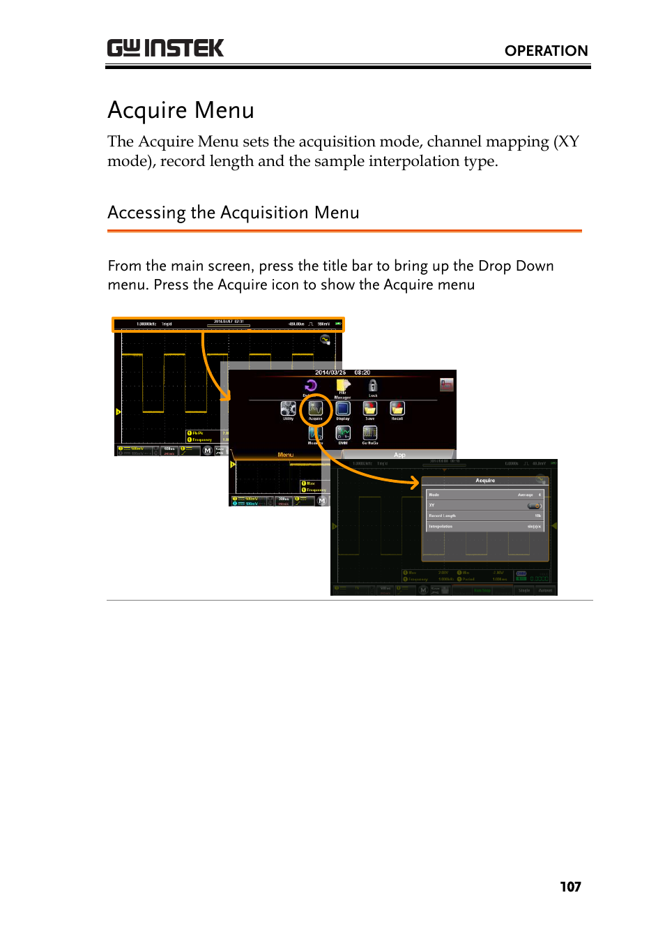 Acquire menu, Accessing the acquisition menu | GW Instek GDS-200 Series User Manual User Manual | Page 107 / 188