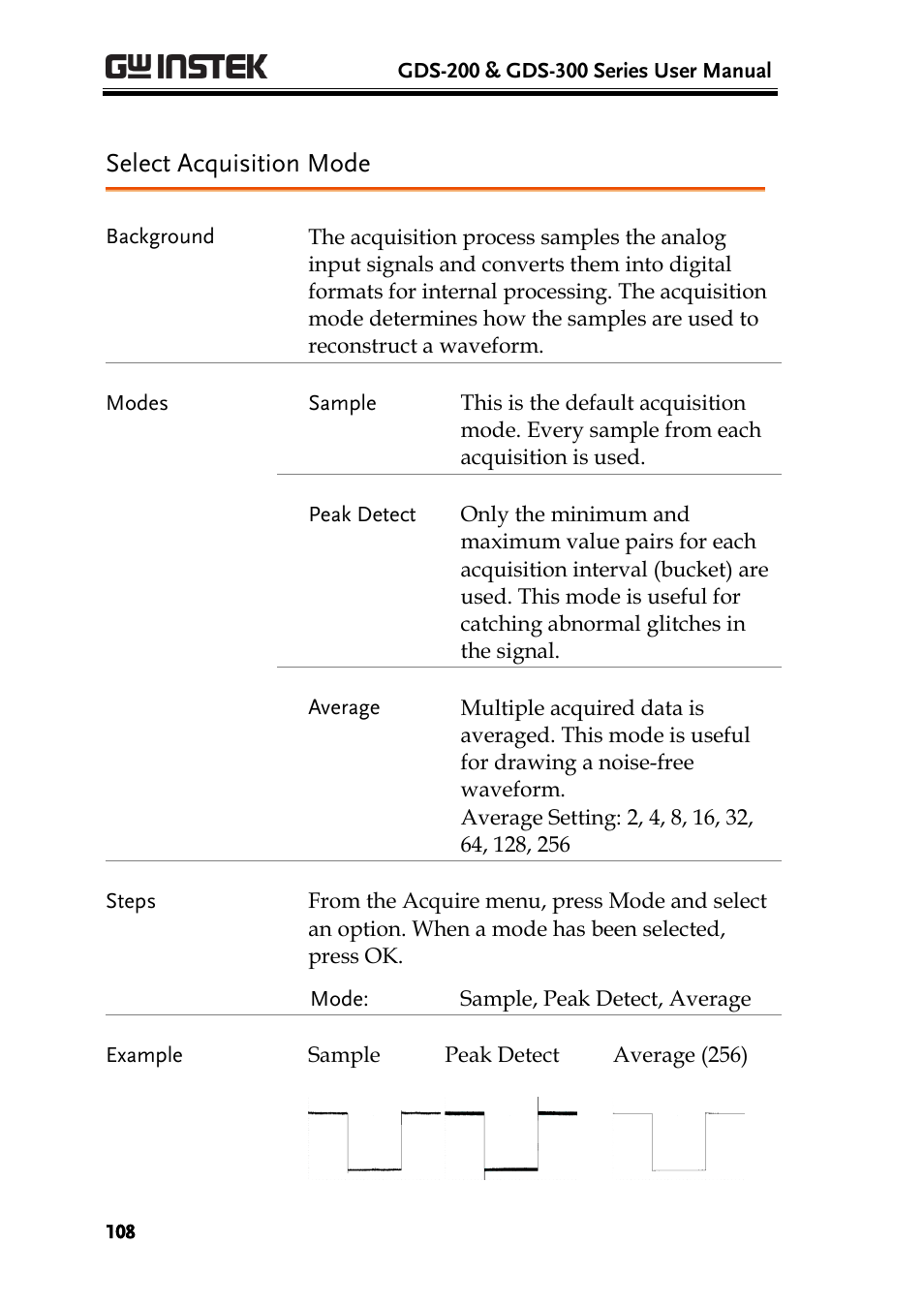 Select acquisition mode | GW Instek GDS-200 Series User Manual User Manual | Page 108 / 188