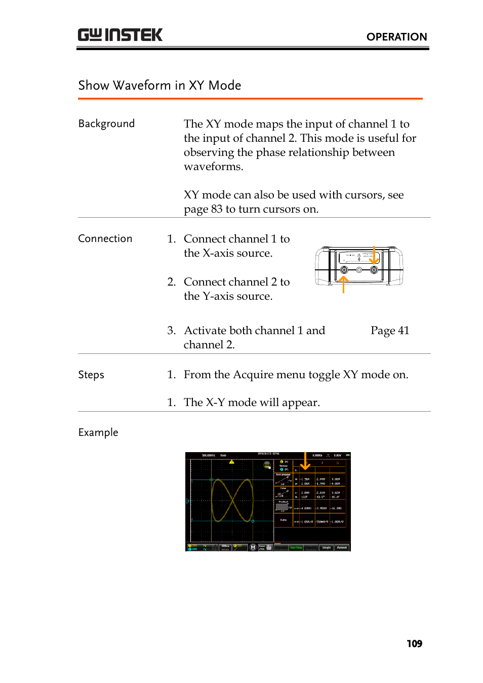 Show waveform in xy mode, Operation, X-y waveform x-y cursor measurements | GW Instek GDS-200 Series User Manual User Manual | Page 109 / 188