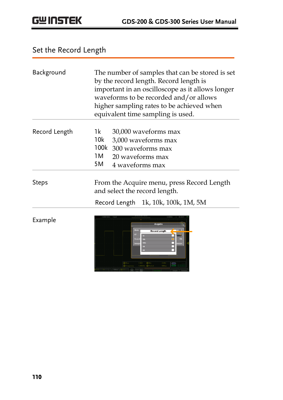 Set the record length | GW Instek GDS-200 Series User Manual User Manual | Page 110 / 188