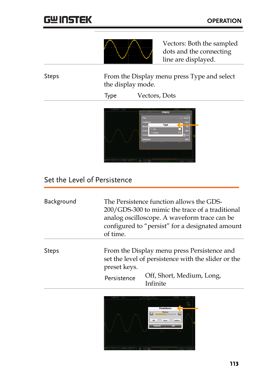 Set the level of persistence | GW Instek GDS-200 Series User Manual User Manual | Page 113 / 188